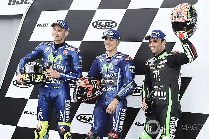 Qualifying top three: polesitter Maverick Vi&ntilde;ales, Yamaha Factory Racing, second place Valentino Rossi, Yamaha Factory Racing, third place Johann Zarco, Monster Yamaha Tech 3