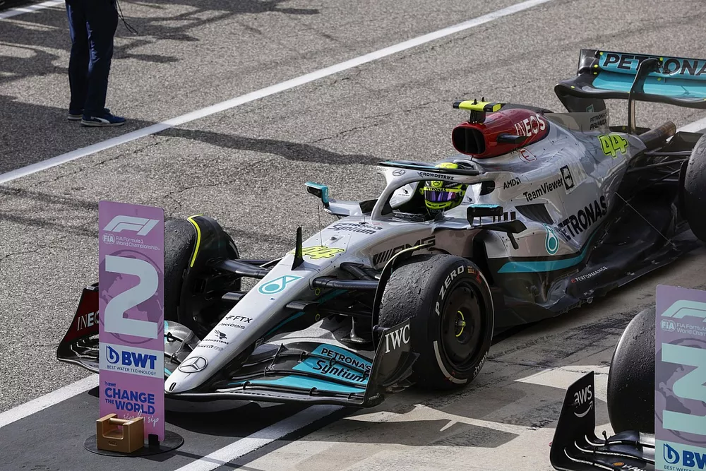 Lewis Hamilton, Mercedes W13, 2nd position, arrives in Parc Ferme