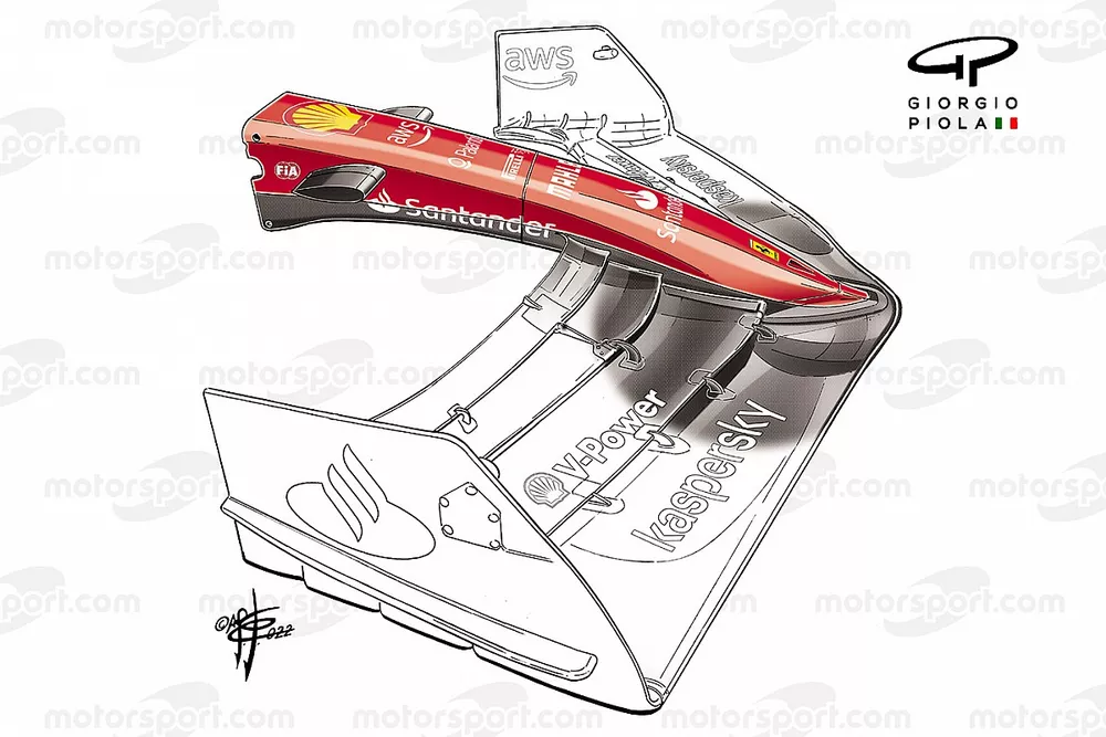 Detalle del aler&oacute;n delantero del Ferrari F1-75
