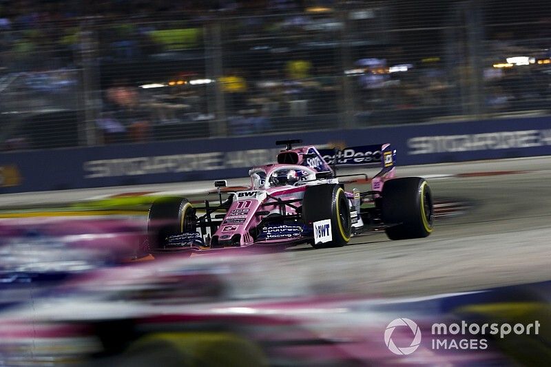 Sergio Perez, Racing Point RP19 chases Lance Stroll, Racing Point RP19 