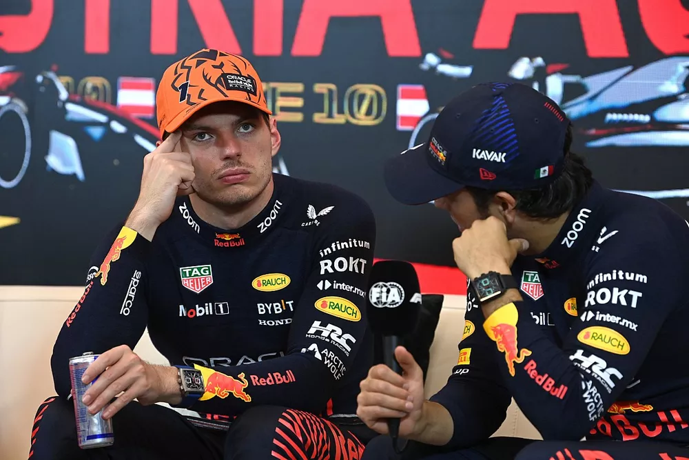 Max Verstappen, Red Bull Racing, vainqueur, Sergio Perez, Red Bull Racing, troisi&egrave;me, en conf&eacute;rence de presse