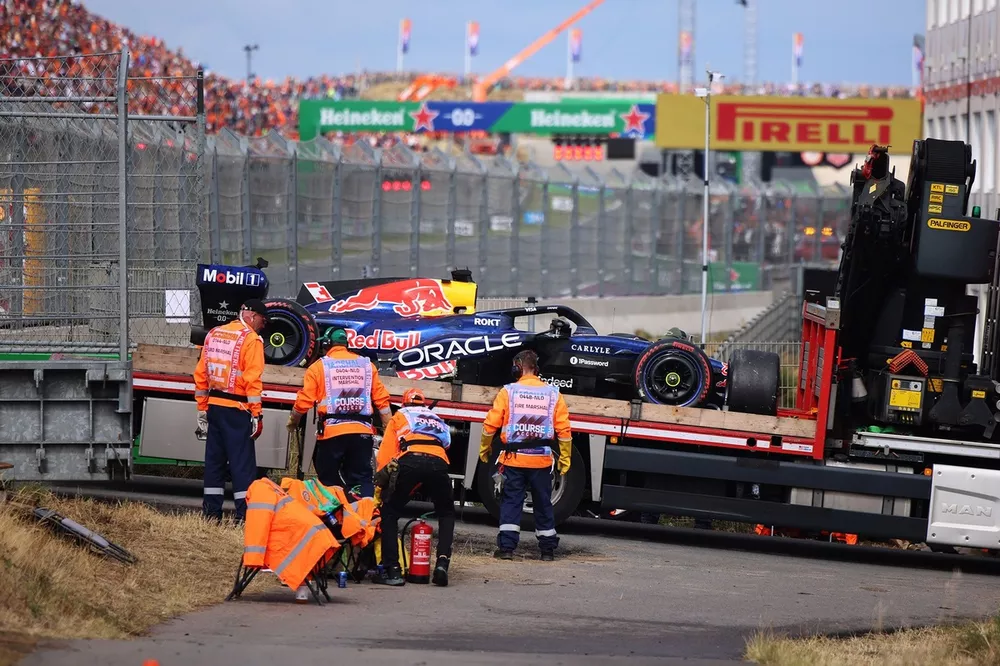 crashed car of Red Bull Racing's Dutch driver Max Verstappen