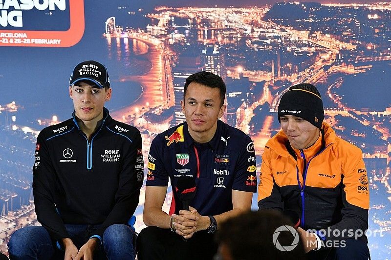 George Russell, Williams Racing, Alexander Albon, Red Bull Racing y Lando Norris, McLaren en la conferencia de prensa