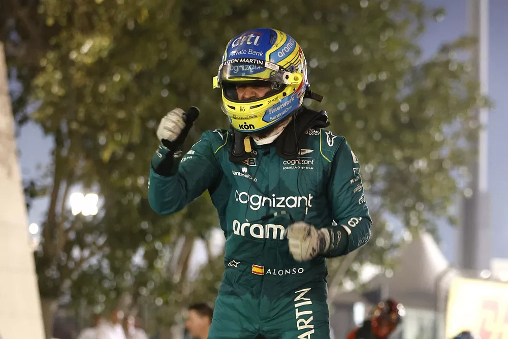 Fernando Alonso, Aston Martin F1 Team, 3rd position, celebrates on arrival in Parc Ferme