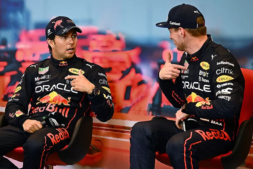 Race winner Sergio Perez, Red Bull Racing and third place Max Verstappen, Red Bull Racing