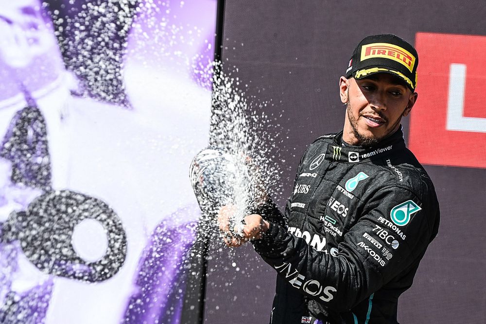 Lewis Hamilton, Mercedes-AMG, 2nd position, sprays Champagne on the podium