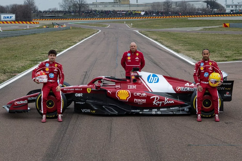 Lewis Hamilton, Charles Leclerc, Ferrari and Frederic Vasseur, Team Principal and General Manager, Scuderia Ferrari