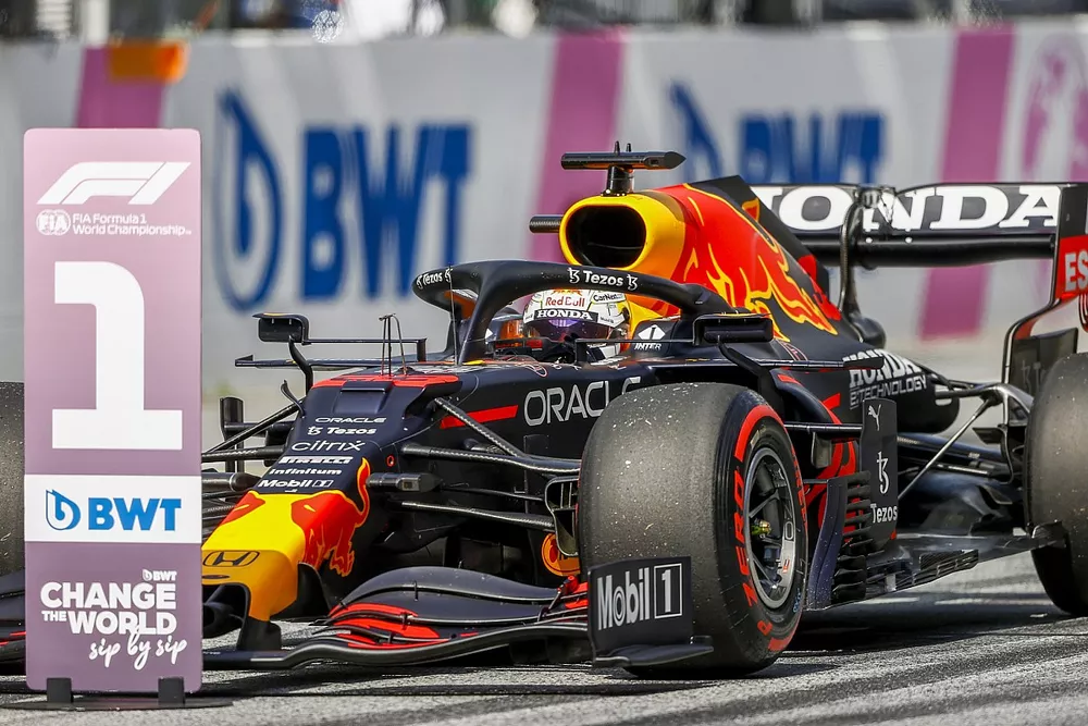 Max Verstappen, Red Bull Racing RB16B, in Parc Ferme after securing pole