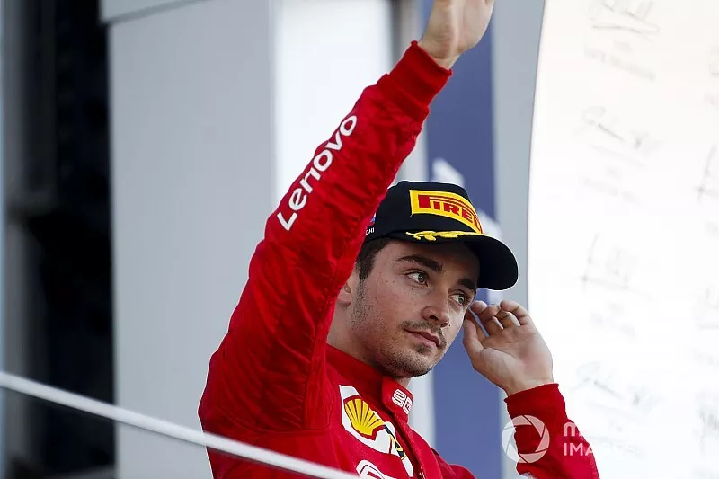 Charles Leclerc, Ferrari, 3rd position, arrives on the podium