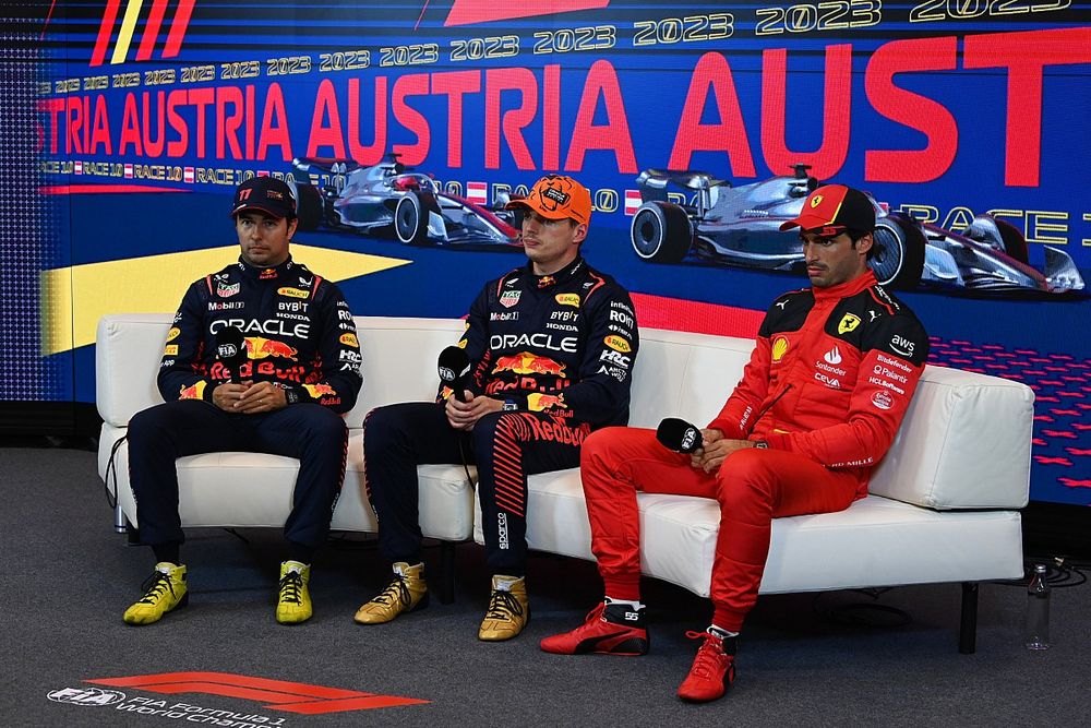 Sergio Perez, Red Bull Racing, 2nd position, Max Verstappen, Red Bull Racing, 1st position, Carlos Sainz, Scuderia Ferrari, 3rd position, in the Sprint Press Conference