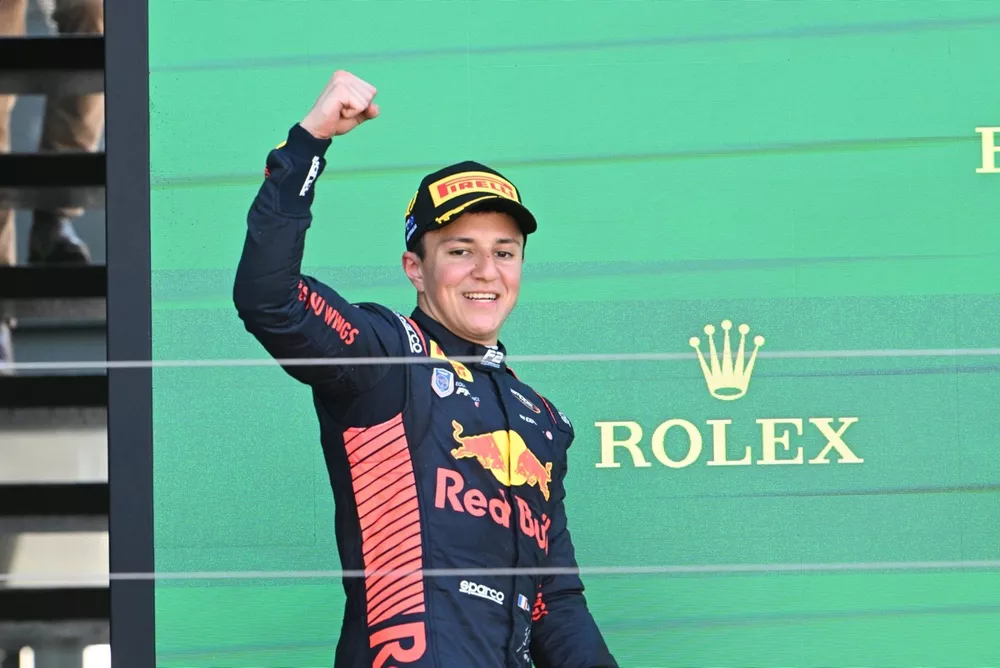 Isack Hadjar, Campos Racing, 1st position, celebrates on the podium 