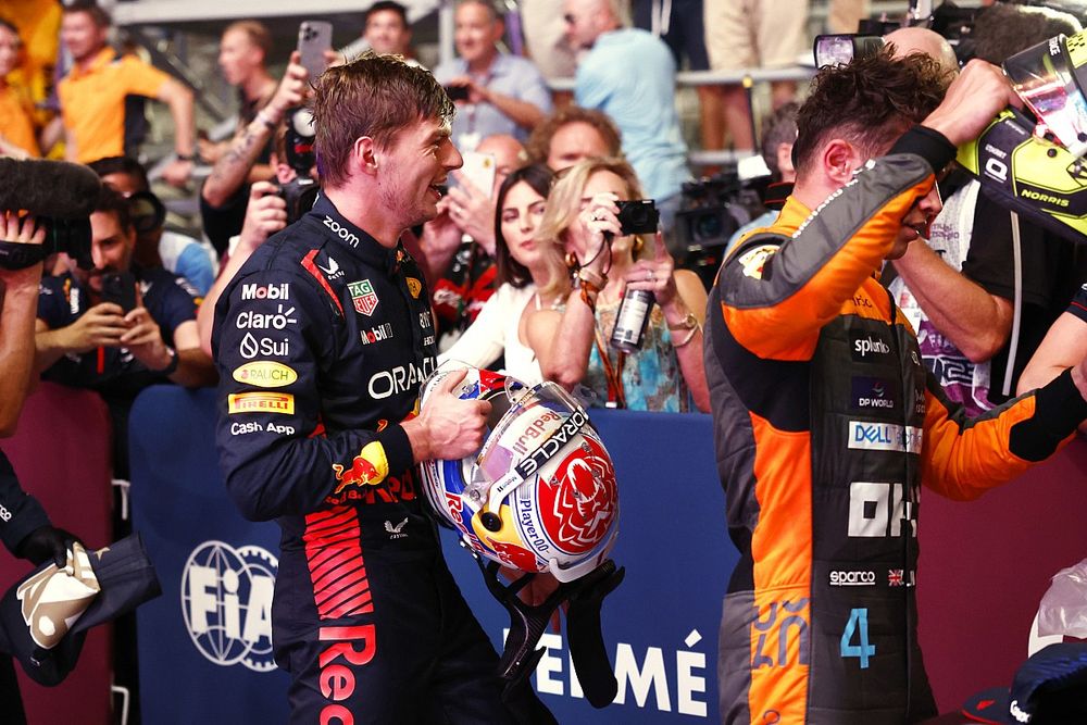Max Verstappen, Red Bull Racing, 2nd position and 2023 drivers world champion, Lando Norris, McLaren, 3rd position, in Parc Ferme after the Sprint race