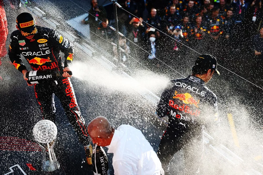 Podium: race winner and 2022 F1 World Drivers Champion Max Verstappen, Red Bull Racing, second place Sergio Perez, Red Bull Racing