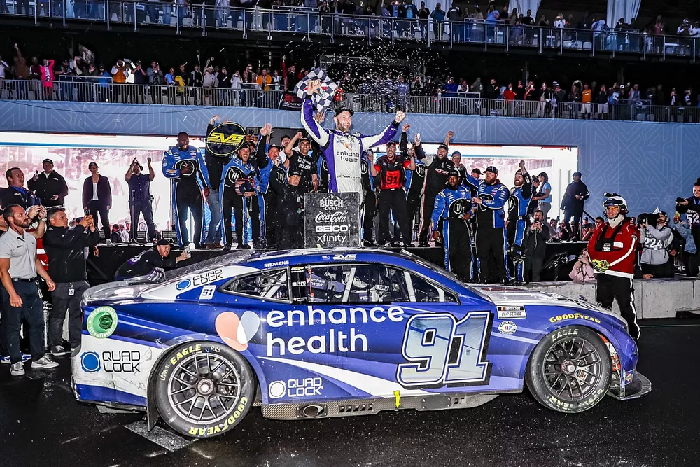 Shane van Gisbergen, Trackhouse Racing, Enhance Health Chevrolet Camaro celebrates in victory lane