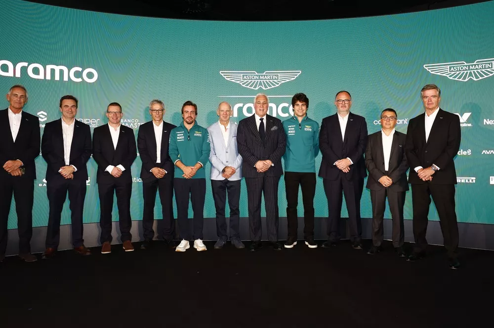 Martin Whitmarsh, Group CEO, Aston Martin Performance Technologies, Dan Fallows, Technical Director, Aston Martin F1 Team, Andy Cowell, Group CEO, Aston Martin F1 Team, Mike Krack, Team Principal, Aston Martin F1 Team, Fernando Alonso, Aston Martin F1 Team, Adrian Newey, Lawrence Stroll, Owner, Aston Martin F1 Team, Lance Stroll, Aston Martin F1 Team, Tom McCullough, Performance Director, Aston Martin F1 Team, and Andy Stevenson, Sporting Director, Aston Martin F1 Team