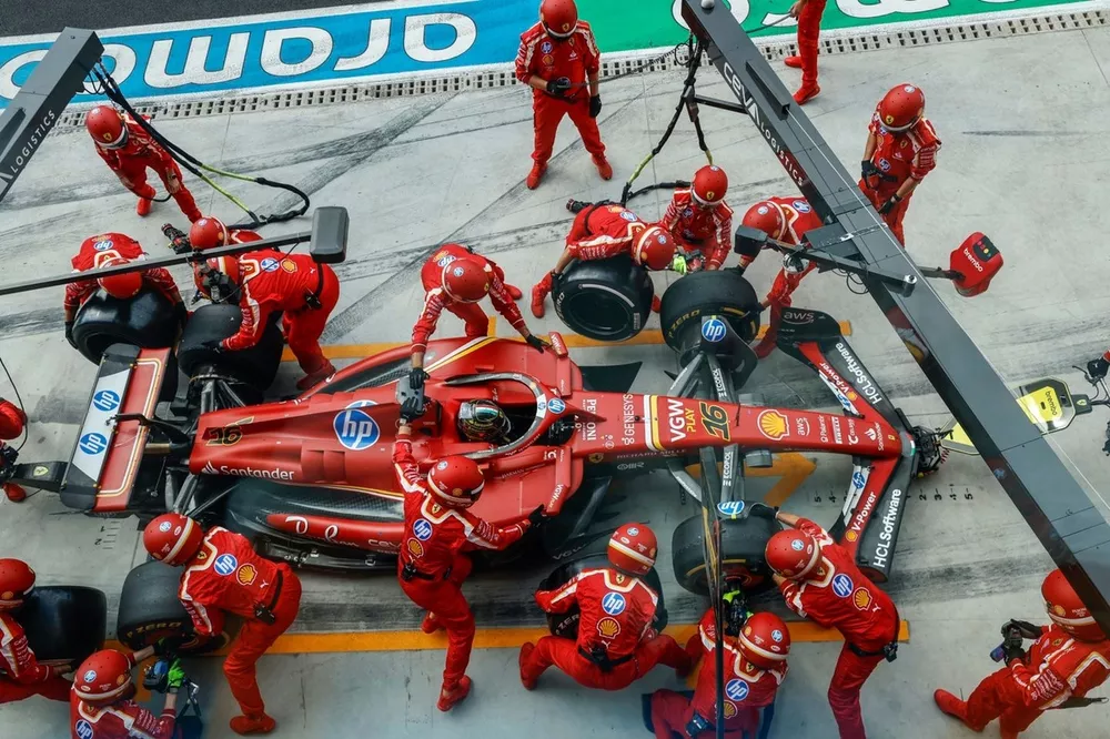 Charles Leclerc, Ferrari SF-24, makes a pit stop