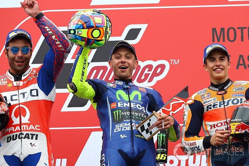 Podium: second place Danilo Petrucci, Pramac Racing, Race winner Valentino Rossi, Yamaha Factory Racing, third place Marc Marquez, Repsol Honda Team