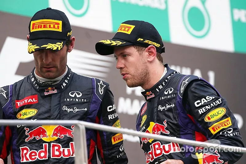 Winnaar Sebastian Vettel, Red Bull Racing, en de als tweede aan de finish gekomen Mark Webber, Red B