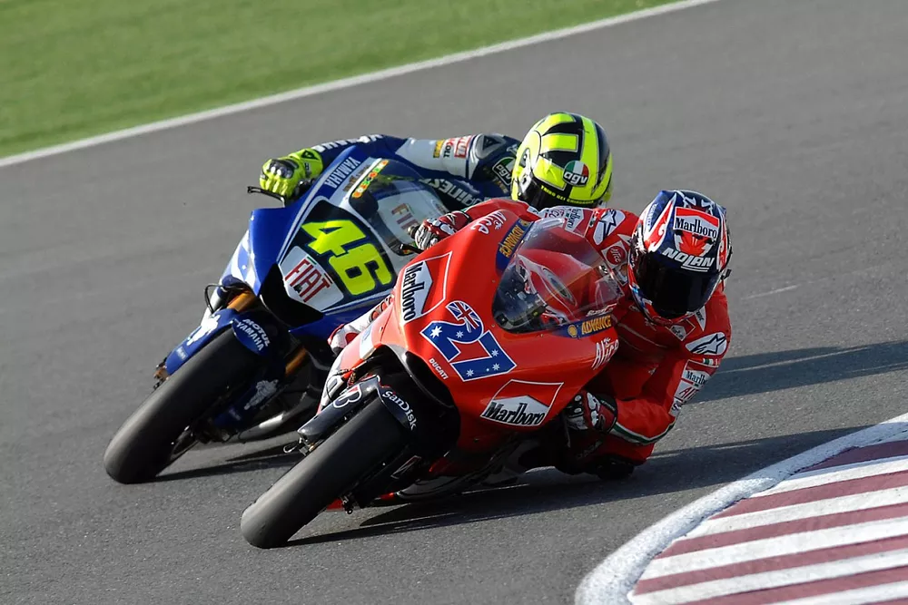 Casey Stoner, Ducati Team; Valentino Rossi, Yamaha Factory Racing