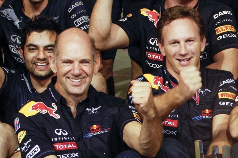 Red Bull Racing celebrate victory with Adrian Newey, Red Bull Racing Chief Technical Director, Christian Horner, Red Bull Racing Team Principal, race winner Sebastian Vettel, Red Bull Racing, Mark Webber, Red Bull Racing 
