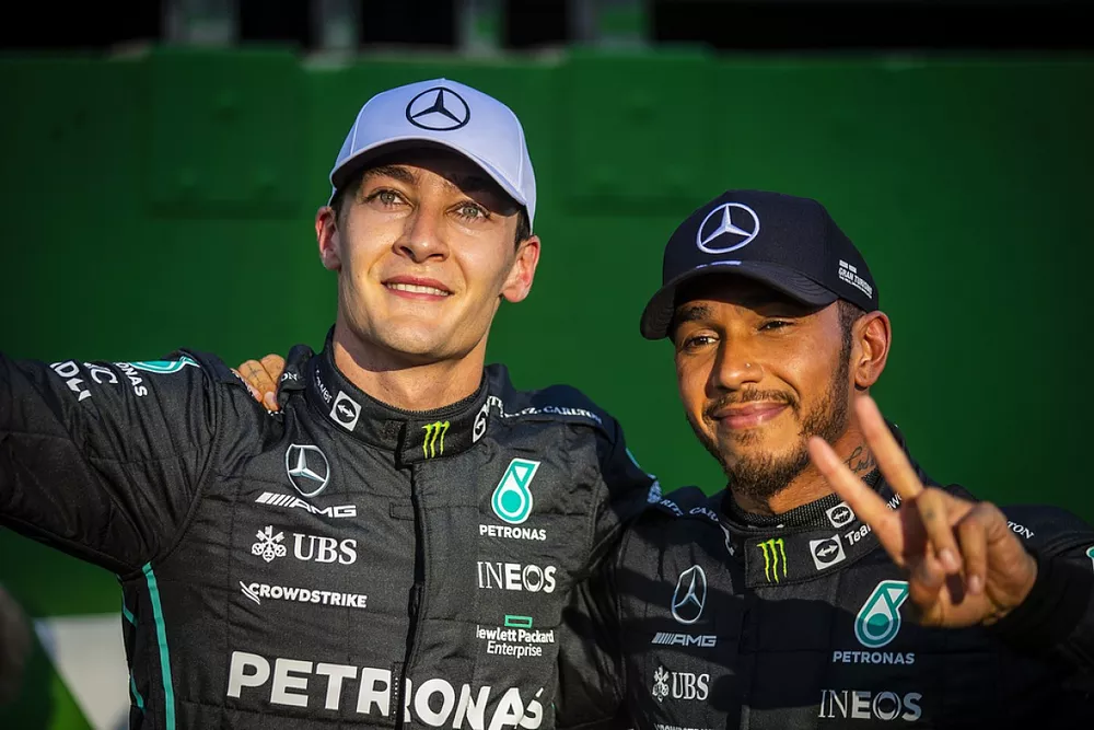 George Russell, Mercedes AMG, 1st position, Lewis Hamilton, Mercedes AMG, 3rd position, after the Sprint