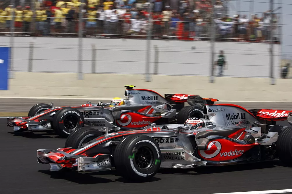 Lewis Hamilton, McLaren MP4-22 Mercedes and Fernando Alonso, McLaren MP4-22 Mercedes go side by side on the opening lap