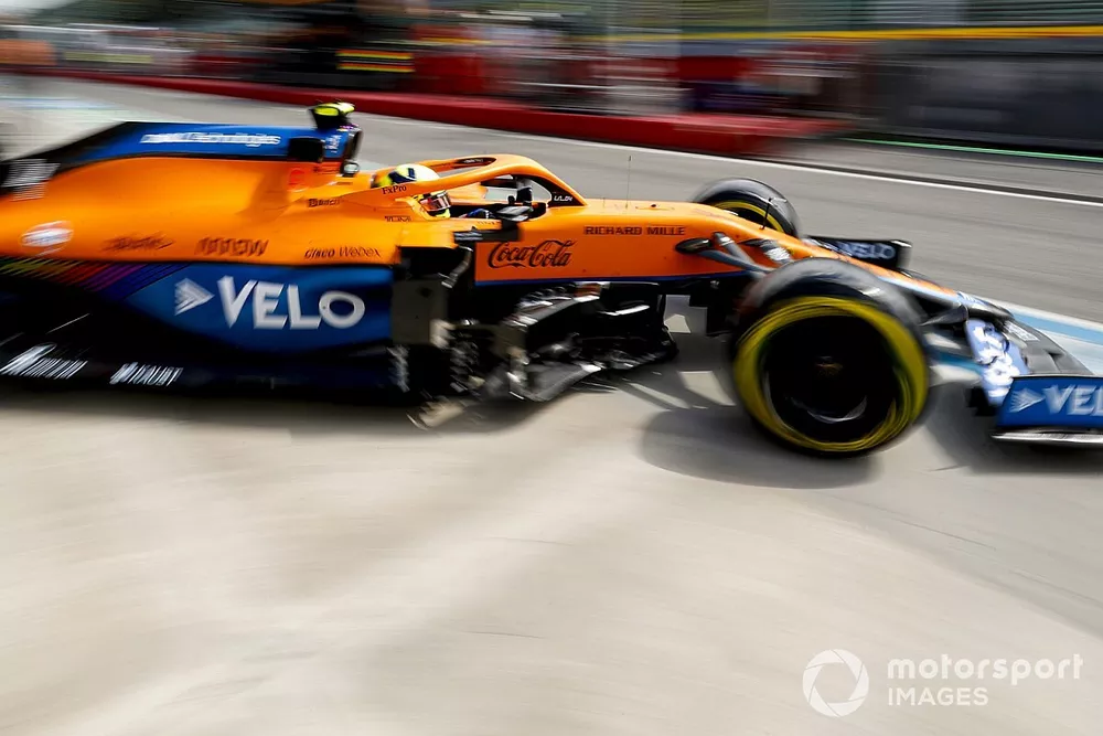 Lando Norris, McLaren MCL35M, leaves the garage