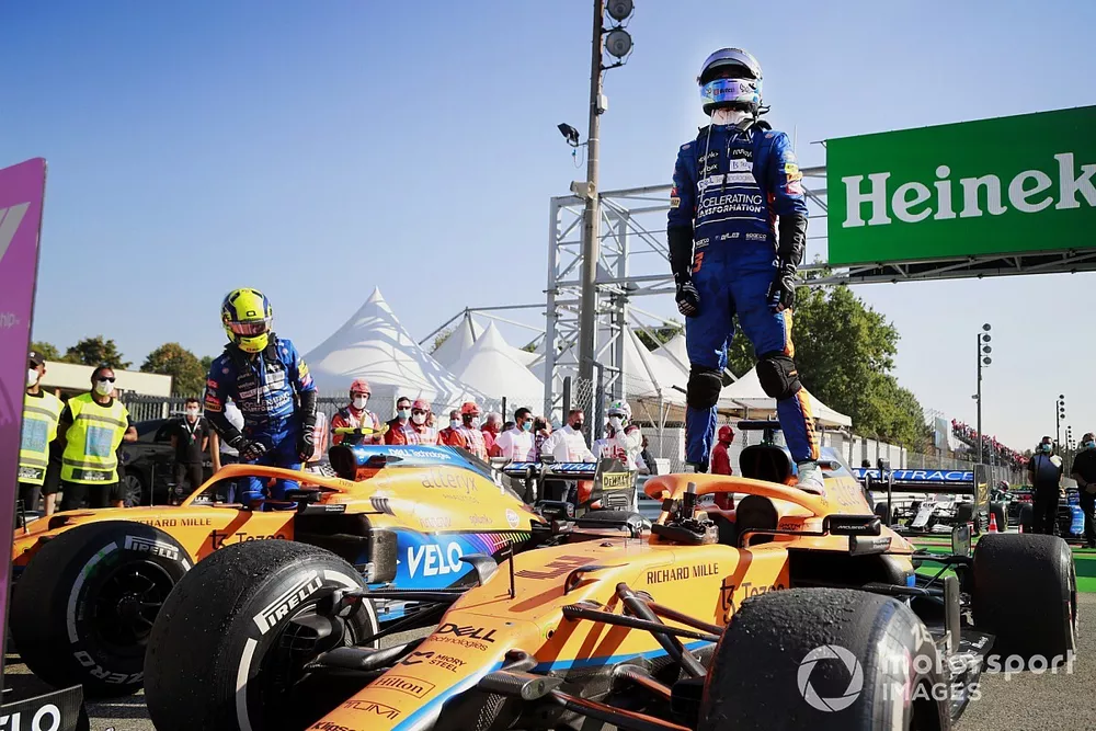 Daniel Ricciardo, McLaren, 1st position, and Lando Norris, McLaren, 2nd position, in Parc Ferme