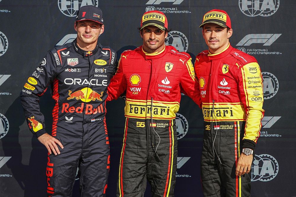 Top three qualifiers Max Verstappen, Red Bull Racing, pole man Carlos Sainz, Scuderia Ferrari, Charles Leclerc, Scuderia Ferrari