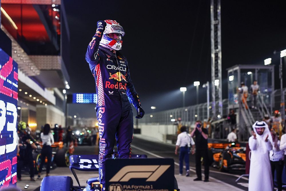 Max Verstappen, Red Bull Racing, 2nd position, celebrates in Parc Ferme after winning the 2023 drivers world champion