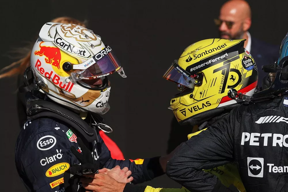 Max Verstappen, Red Bull Racing, 1st position, George Russell, Mercedes AMG, 3rd position, Charles Leclerc, Ferrari, 2nd position, in Parc Ferme