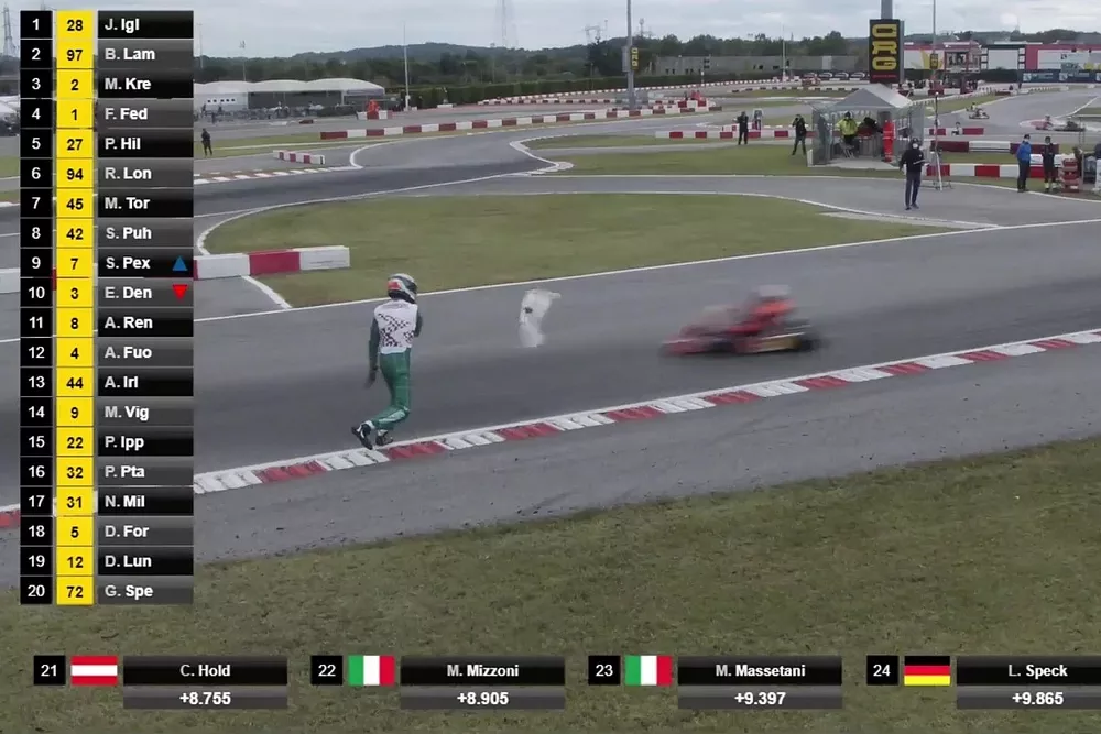 Luca Corberi throws his bumper during FIA Karting in Lonato