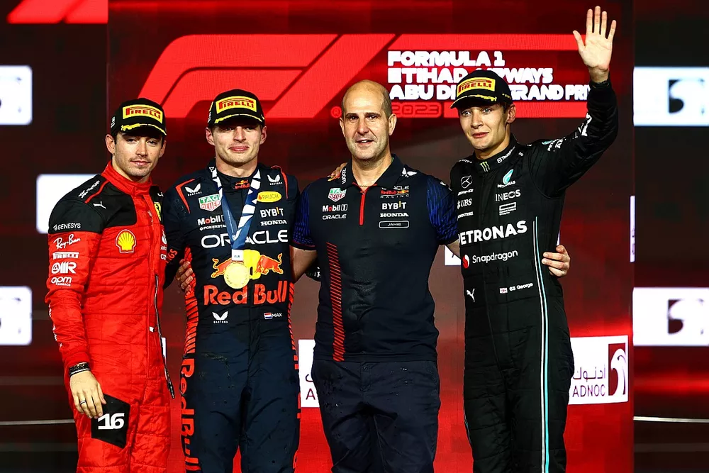 Podium: Race winner Max Verstappen, Red Bull Racing, second place Charles Leclerc, Ferrari, third place George Russell, Mercedes AMG, Jamie Meades, Head Of Supply Chain Operations at Red Bull Racing