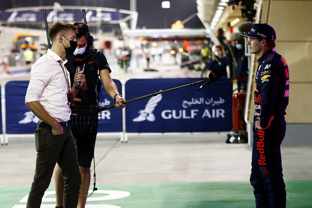 Max Verstappen, Red Bull Racing, 2nd position, is interviewed by Jenson Button, Sky TV, after the race