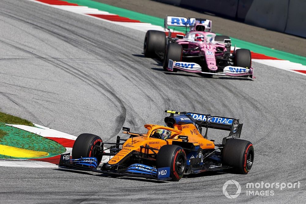 Lando Norris, McLaren MCL35, Sergio Pérez, Racing Point RP20 