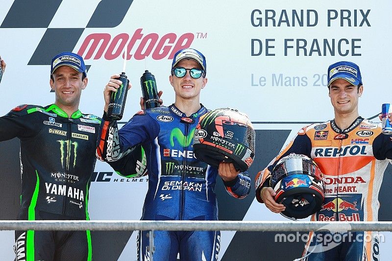 Podium: winner Maverick Viñales, Yamaha Factory Racing, second place Johann Zarco, Monster Yamaha Tech 3, third place Dani Pedrosa, Repsol Honda Team