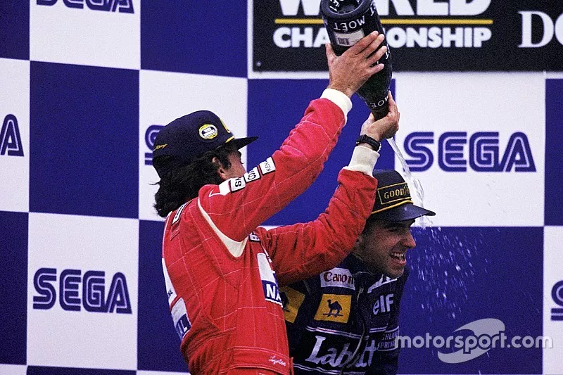 Race winner Ayrton Senna, McLaren, second place Damon Hill, Williams