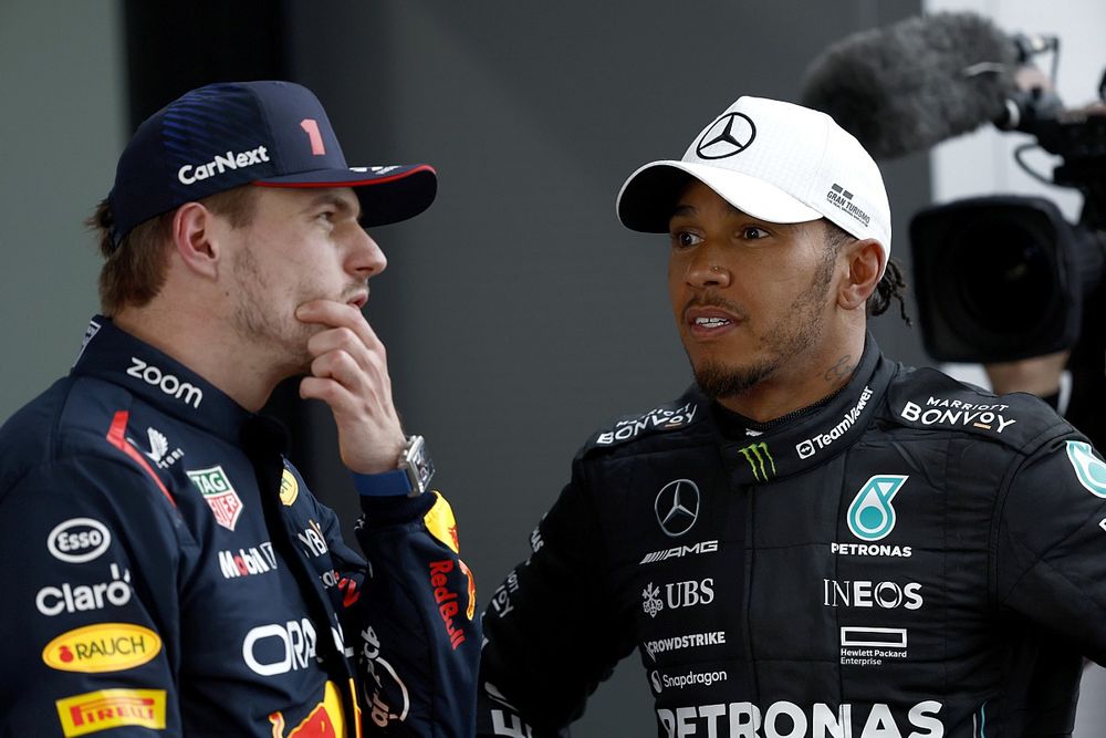 Max Verstappen, Red Bull Racing, 1st position, Lewis Hamilton, Mercedes-AMG, 2nd position, talk in Parc Ferme