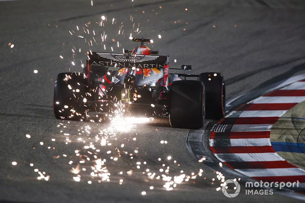 Sparks fly from Max Verstappen, Red Bull Racing RB16