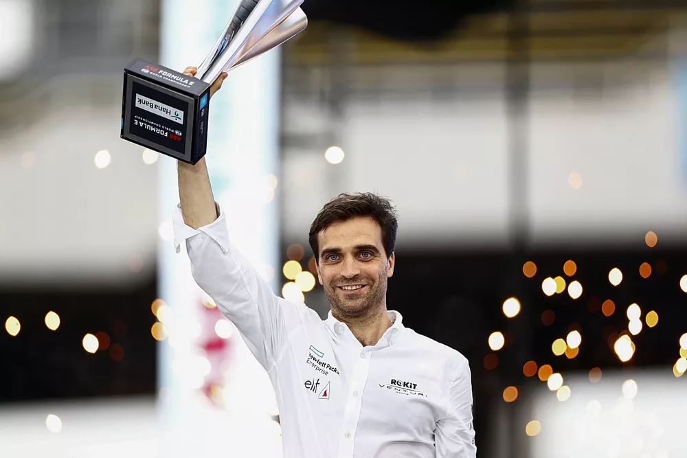 Jerome d'Ambrosio, Team Principal, ROKiT Venturi Racing, lifts the teams trophy