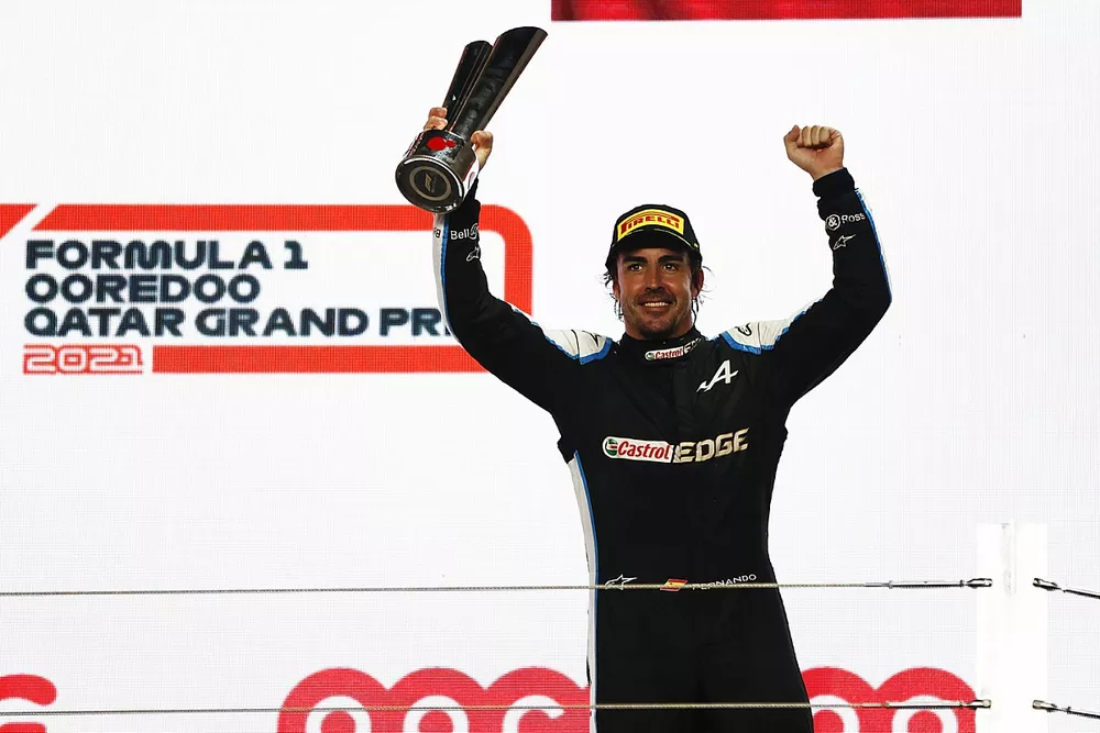 Fernando Alonso, Alpine F1, 3rd position, lifts his trophy on the podium