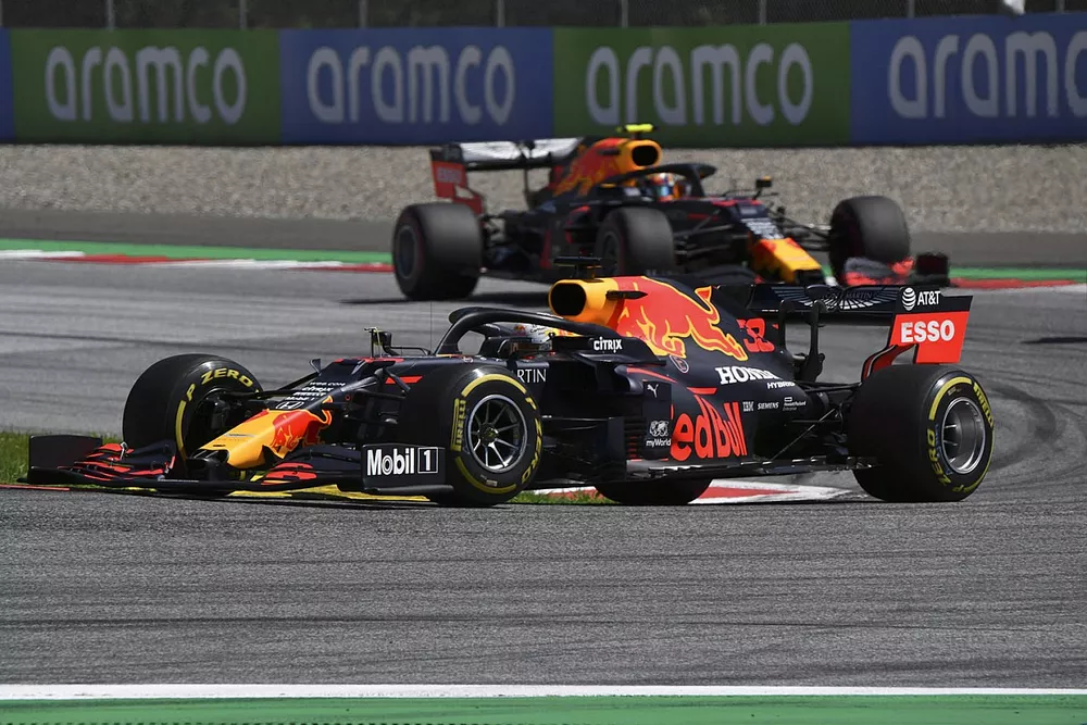 Max Verstappen, Red Bull Racing RB16, leads Alex Albon, Red Bull Racing RB16