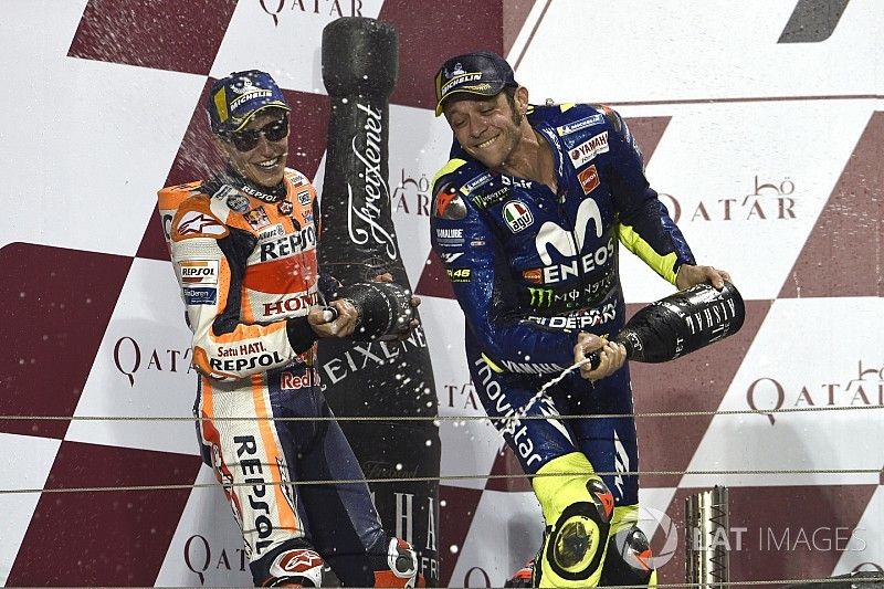 Segundo, Marc Márquez, Repsol Honda Team, tercero, Valentino Rossi, Yamaha Factory Racing