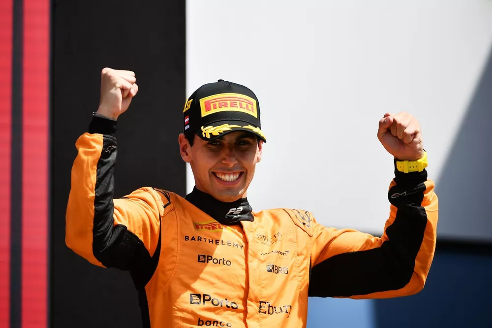 Race winner Gabriel Bortoleto of Brazil and Invicta Racing (10) celebrates on the podium