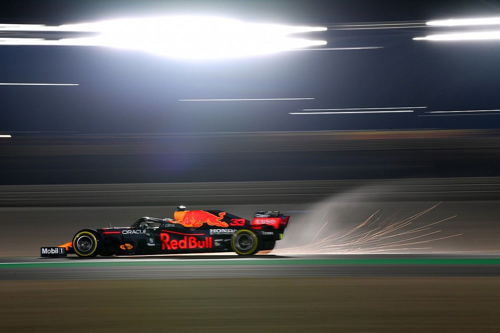 Sparks fly from Max Verstappen, Red Bull Racing RB16B