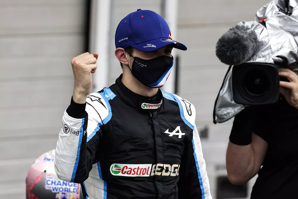 Esteban Ocon, Alpine F1, 1st position, celebrates in Parc Ferme