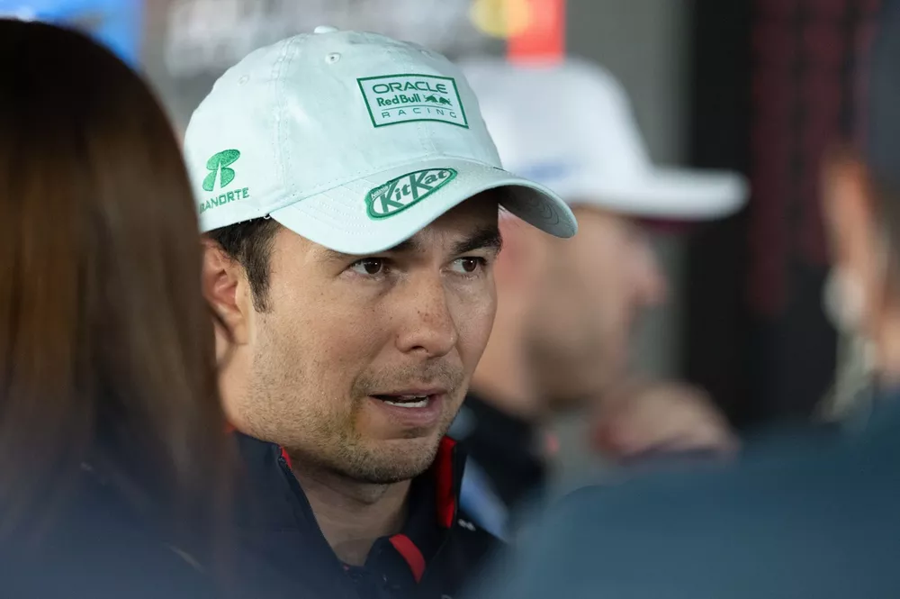 Sergio Perez, Red Bull Racing, talks to the media