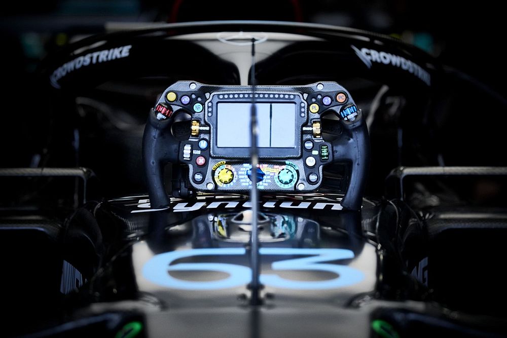 The steering wheel from the car of George Russell, Mercedes F1 W14
