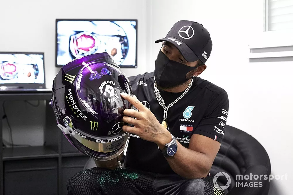 Lewis Hamilton, Mercedes AMG F1, with his Black Lives Matter liveried helmet