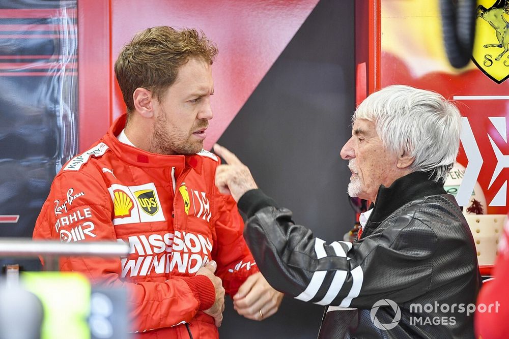 Sebastian Vettel, Ferrari, y Bernie Ecclestone, Presidente Emiritus de Fórmula 1